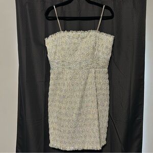 THEIA Luxury Designer Women’s Strapless Cocktail Dress Silver/White Sequin Sz 12